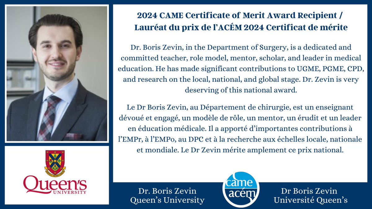 Congratulations to Dr Boris Zevin, one of the CAME Certificate of Merit Award Winners from Queen’s University! / Félicitations au Dr Boris Zevin , l’une des lauréats du Certificat de mérite de l’ACÉM de l’Université Queen’s!  #COM2024 #CDM2024 #MedEd #EdMed
