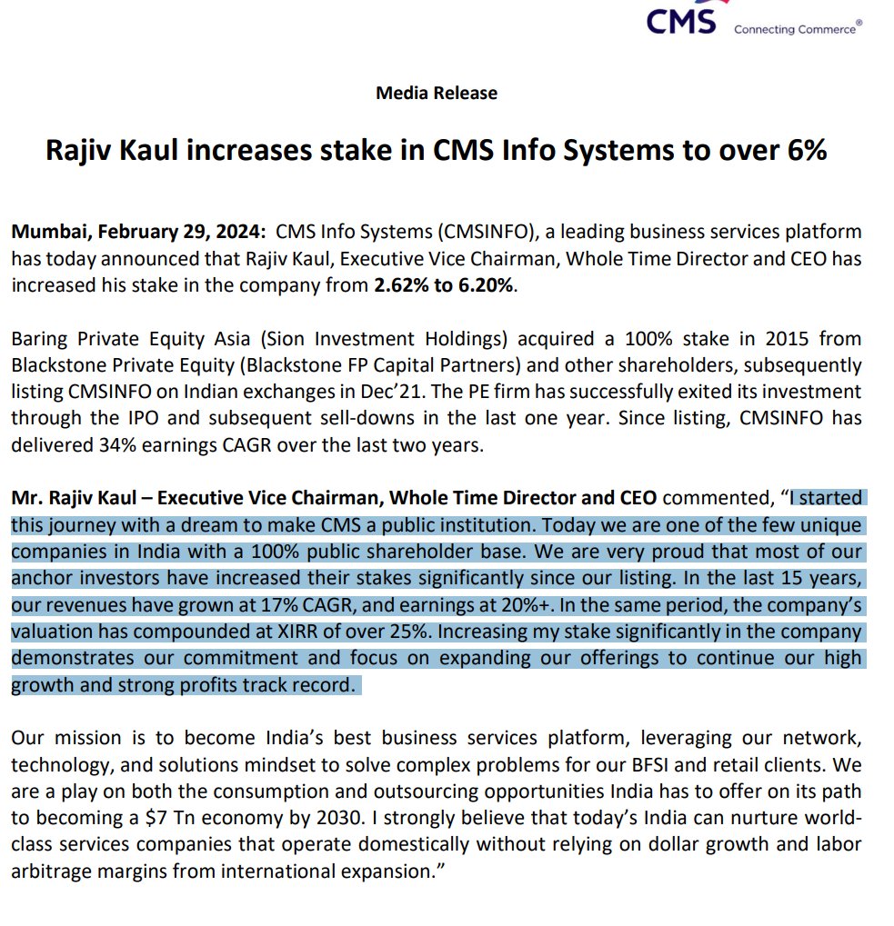 CMS Info Systems

Rajiv Kaul, Executive Vice Chairman, Whole Time Director and CEO has increased his stake in the company from 2.62% to 6.20%

#StocksToWatch