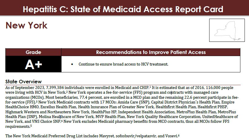 New York State received an A+, 100% score on the Hepatitis C State of Medicaid Access Report Card! 🎉 We thank the NYS DOH's Bureau of Hepatitis Health Care and Epidemiology for their work ensuring eliminating Medicaid restrictions to HCV treatment! stateofhepc.org/states/new-yor…