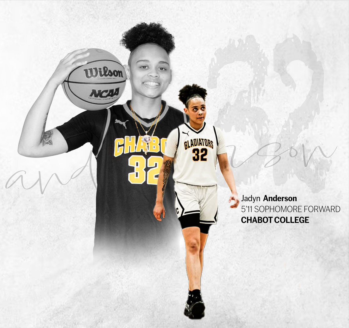College Coaches 👇🏾👇🏾

Sophomore Jadyn Anderson was selected 2nd Team All-Conference. The Holy Names transfer was an immediate impact for Chabot College contributing the following: 

GP 28 • 12.6 PPG • 6.8 RPG • 55.1  FG % • 80.4 FT % 

#123Represent #juco #finalfour #hoop