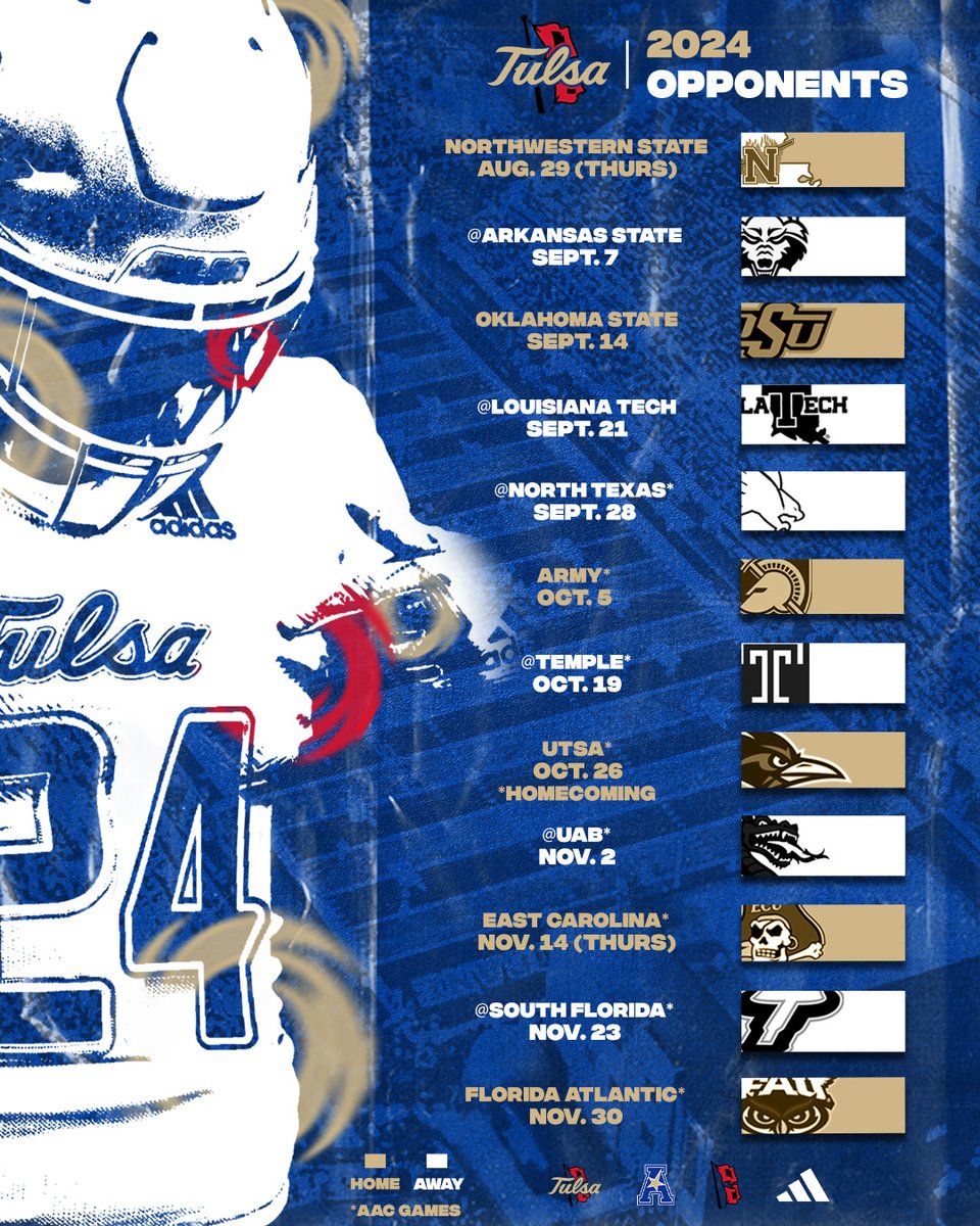 New year, same goal‼️

Golden Hurricane fans, here is your 2024 Tulsa Football schedule! Visit tulsahurricane.com for more.

#ReignCane
