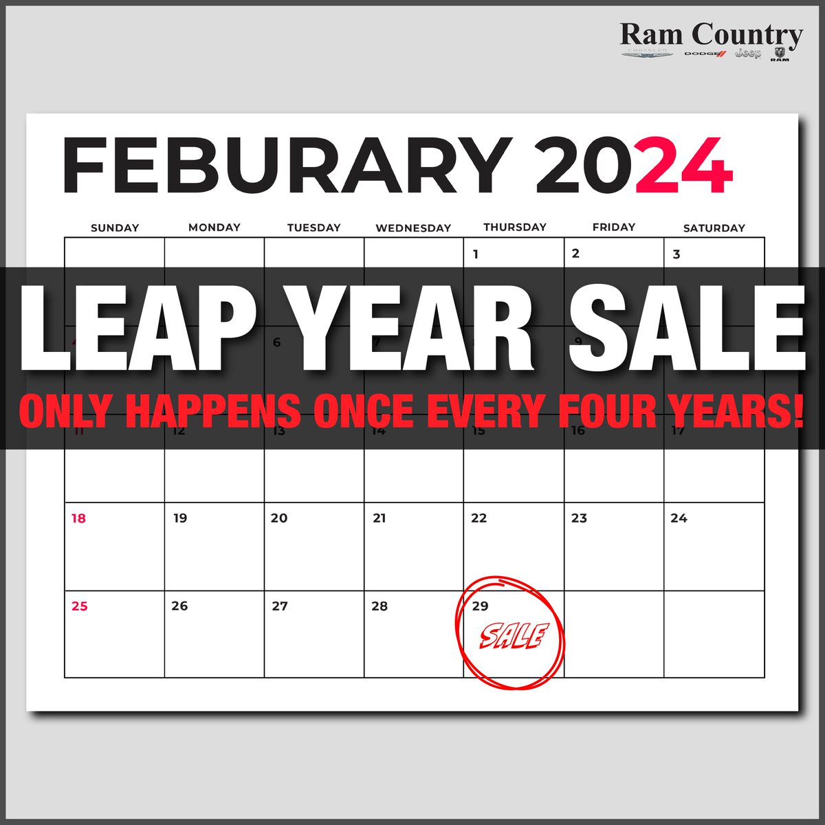 It's February 29th and we are having a Leap Year Sale! 🤩 It only happens ONCE EVERY FOUR YEARS, so don't miss your chance to save BIG on your next vehicle! #ramcountrydumas #ramcountry #dumastx #leapyear #sale