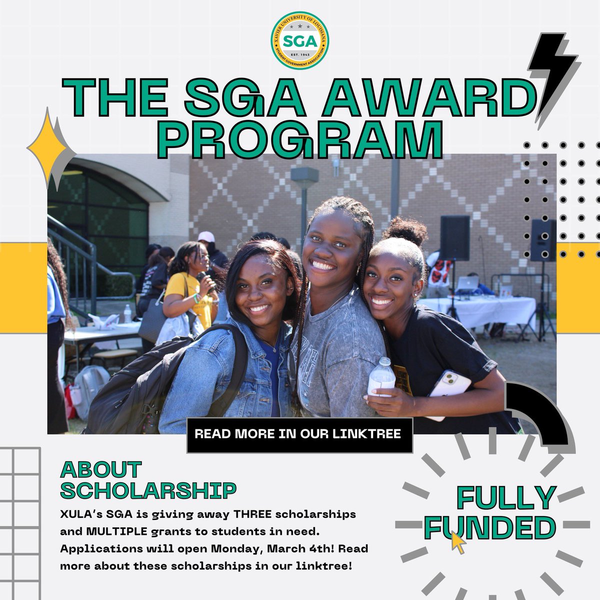 Exciting News! SGA is thrilled to announce that we’ll be opening applications for three scholarships and multiple grants starting this Monday, March 4th! Don’t miss out on this amazing opportunity! Find the scholarship manual in our Linktree. #TruthAdmin 💛🤍