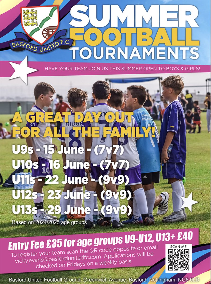 ☀️We’re looking ahead to the warmer months by announcing our popular summer tournaments which make their return in June! Based on 2024-25 age groups, entry is £35 (U9s - U12s) and £40 (U13s). Full details below👇 📩 vicky.evans@basfordunitedfc.com