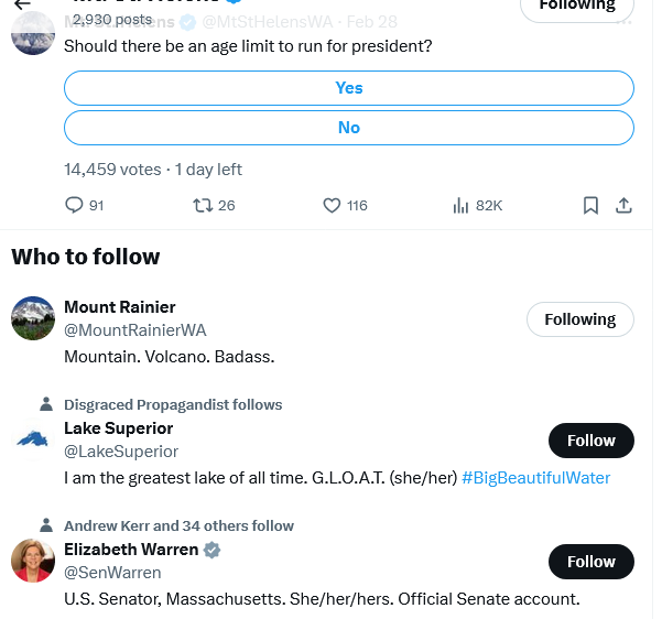 I just discovered and followed the <a href="/MtStHelensWA/">Mt. St. Helens</a> account. XTwitter apparently has a sense of humor about the other parody accounts I should follow: