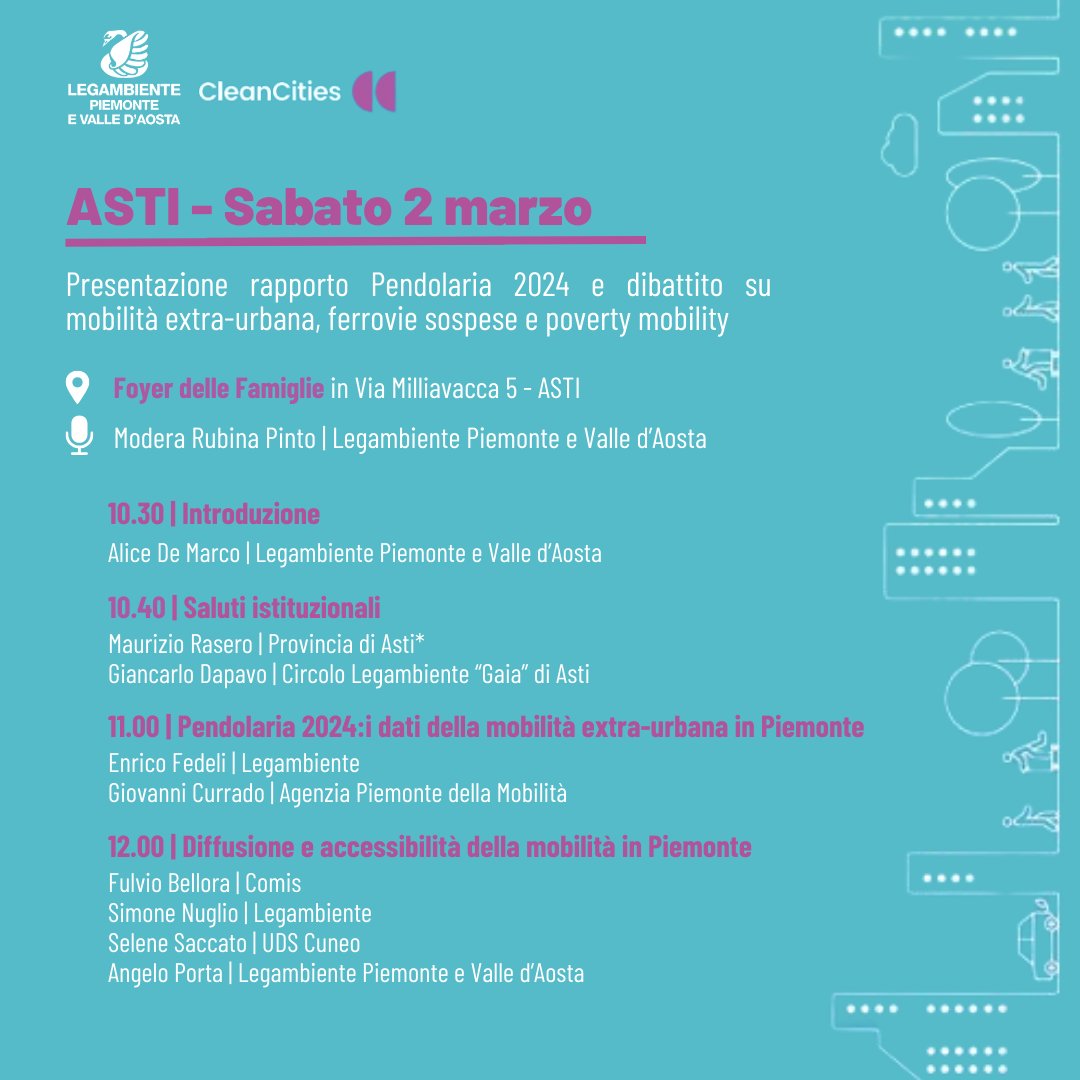 📣 #Città2030 fa tappa in Piemonte! 🌍 Un doppio appuntamento imperdibile ci aspetta:
🗓 Domani, 1° marzo, ore 17:00 📍Torino
🗓 Sabato 2 marzo, ore 10:30 📍 Asti

Unisciti a noi e sii parte del cambiamento! 🚀🌈 #Piemonte2030 #MobilitàSostenibile #QualitàDellAria #CleanCities