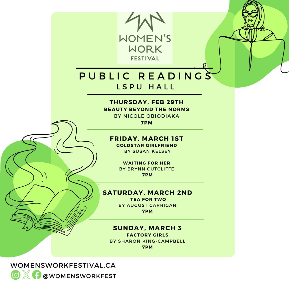 womensworkfest's tweet photo. Readings start tonight at 7pm-LSPU Hall! 
Free/by donation
Soup!
Music by Valmy!
Nicole Obiodiaka's play Beauty Beyond the Norms with Dramaturgy Modeline Longjohn
Cast :
Joe Chinaka
Angel Nene
Yejide Emioladipupo
Marge Asuquo
Lisah Nsanzugwanko
Kelechi Nene
Ugonna Ihemedu https://t.co/F3mlyQzFlK