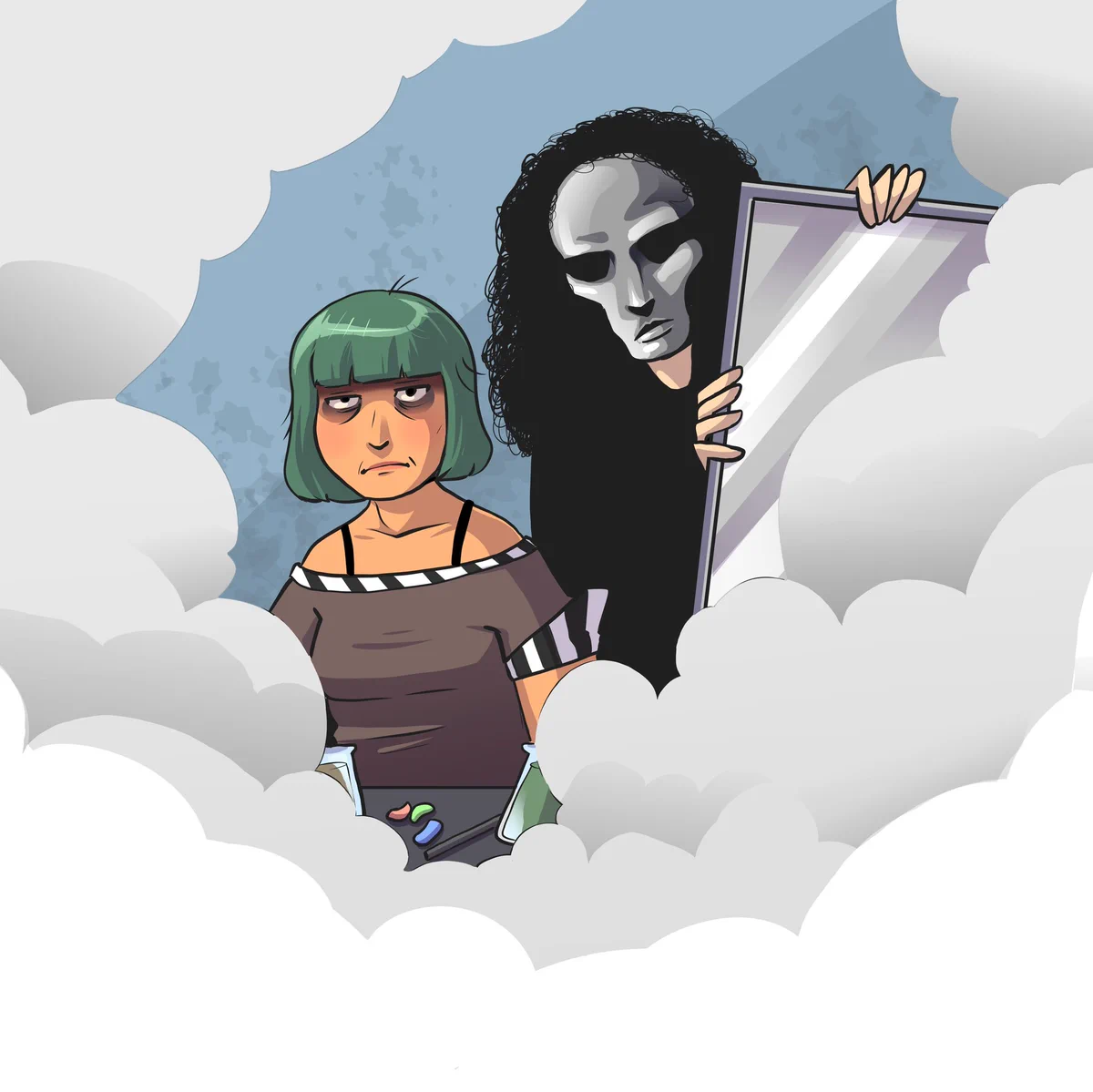 A cartoon drawing of the Glasgow Willy Wonka disastrous experience. There is a female oompa loompa looking unimpressed and sad next to the creepy mask wearing Unknown creature holding a mirror. They are surrounded by smoke.  