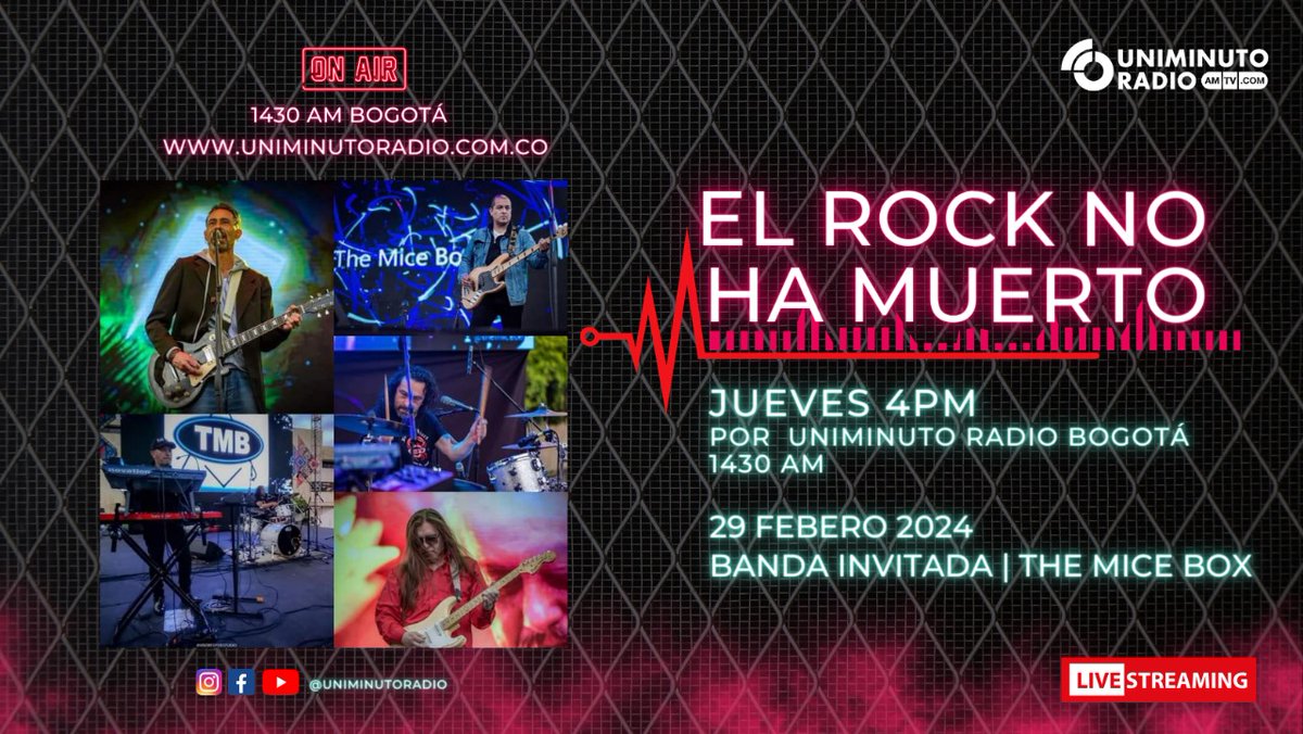Entrevista desde Bogotá @themicebox1 @andresetrocker
@UNIMINUTORadio

LIVE STREAMING FACEBOOK y YOUTUBE #uniminutoradio
#elrocknohamuerto
#THEMICEBOX #PASTO #NARIÑO #COLOMBIA #TMB #musicospastusos #rock #rockpastuso #bandaspastusas

facebook.com/share/edSUN2UD…