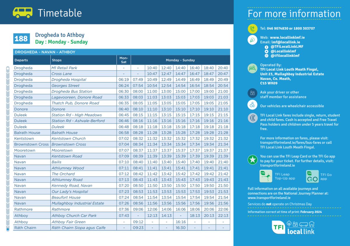 Locallinklmf's tweet image. 📣Realignment of Route 188 Athboy to Drogheda

Route 188 now runs direct from Donore into Drogheda and as a result, TFI Local Link Louth Meath Fingal is operating Route 163 to areas previously served by Route 188.