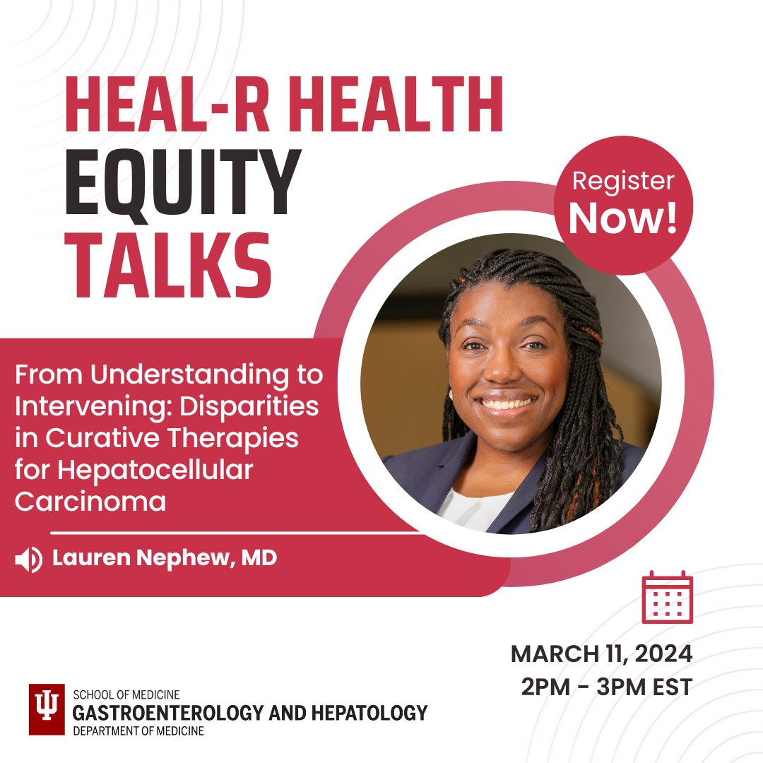 Indiana University Gastroenterology and Hepatology (@iugastro) on Twitter photo π HEAL-R's Health Equity Talks with <a href="/LaurenNephewMD/">Lauren Nephew MD, MSCE</a> "Disparities in Curative Therapies for Hepatocellular Carcinoma"! π #LiverTwitter
π
Monday, March 11th
π 2 PM - 3 PM EST
π Zoom (Virtual Event)
π Register here: ow.ly/PL0a50QFARS π HEAL-R's Health Equity Talks with <a href="/LaurenNephewMD/">Lauren Nephew MD, MSCE</a> "Disparities in Curative Therapies for Hepatocellular Carcinoma"! π #LiverTwitter
π
Monday, March 11th
π 2 PM - 3 PM EST
π Zoom (Virtual Event)
π Register here: ow.ly/PL0a50QFARS