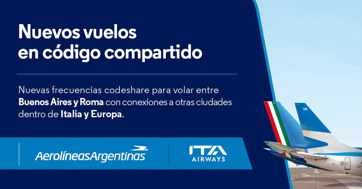 Ampliamos el acuerdo de código compartido con ITA Airways. Ahora podés viajar Buenos Aires - Roma con un solo boleto y más beneficios. Descubrí nuevas conexiones en Italia y América del Sur. 👉🏻aerolineas.com.ar Te esperamos a bordo. 🇮🇹 ✈️ 🇦🇷
