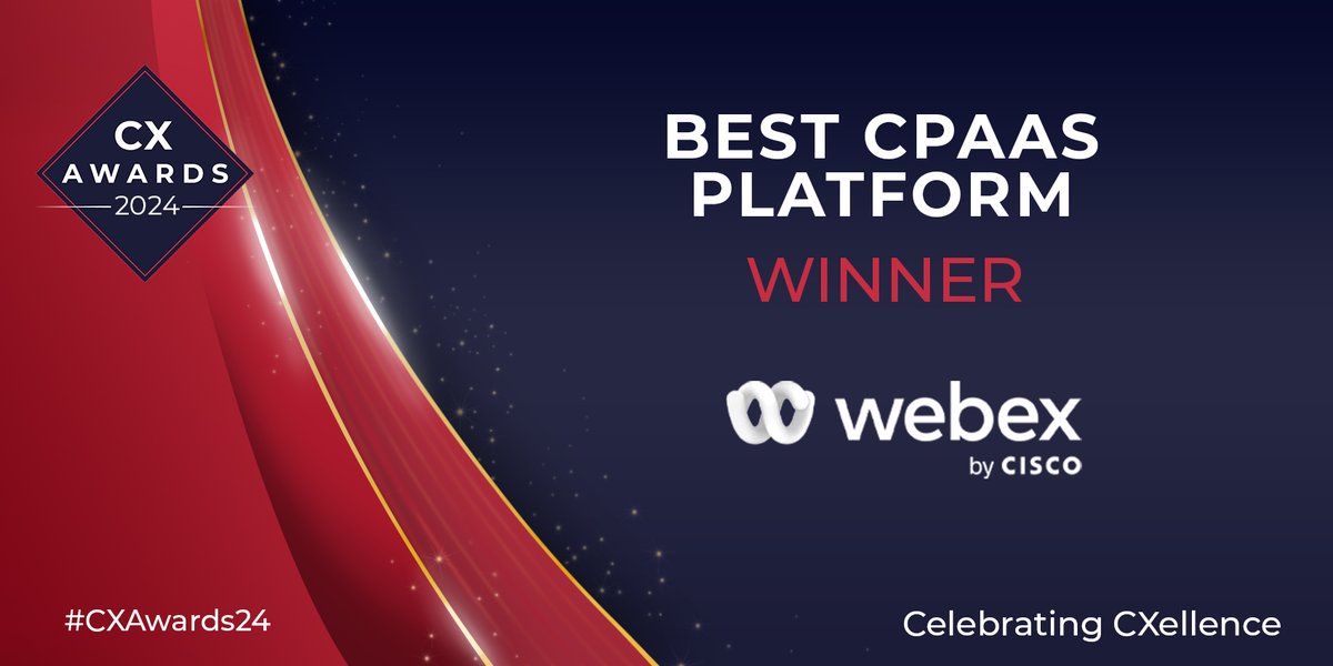Did you hear? 👂 Webex has been recognized in the 2024 CX Awards! 🏆 Winner: Best CPaaS Platform 🙌 Highly Recommended: Best Enterprise Contact Center Thank you to our teams for their for hard work, and to @cxtodaynews for this honor! 👉 cs.co/6010XMiNe #CXAwards24
