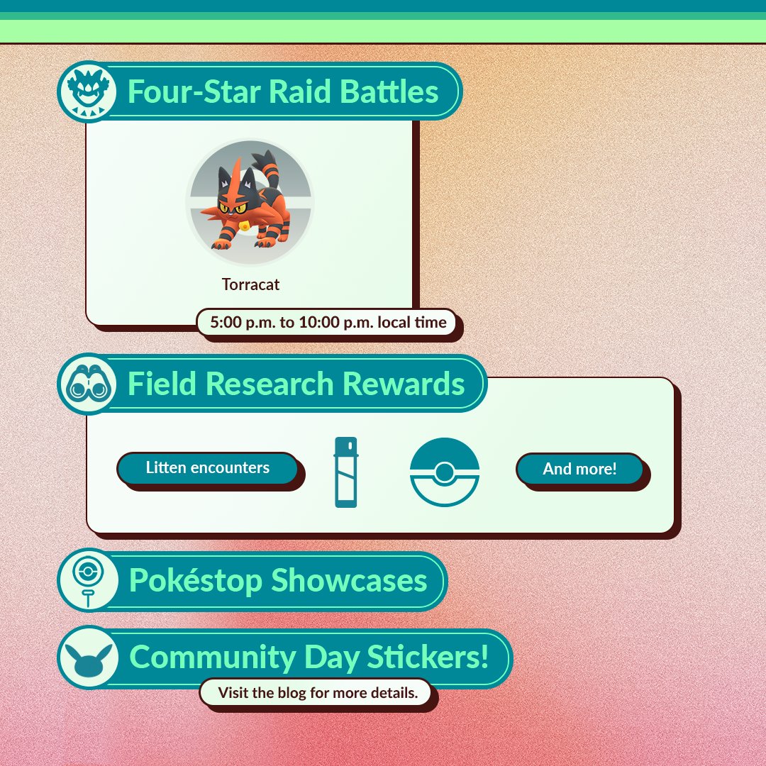 Talk about cat-titude! March’s Community Day will feature Litten, the fiery feline that will be on the prowl Saturday, March 16, 2024, from 2:00 p.m. to 5:00 p.m. local time! 🔥

pokemongolive.com/post/community…