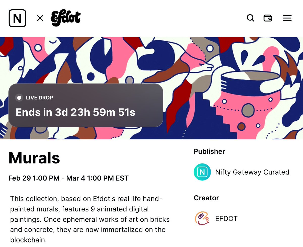 Murals by Efdot is now LIVE on Nifty Gateway!

I’m so, so excited to see this project, representing years of my physical and digital art, come to life.

All details to participate are in my pinned tweet: but now it’s time to MINT!  🧱🖌🙂