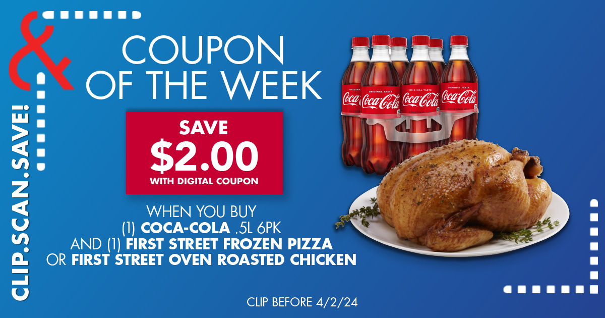 Like easy dinners? What a coincidence, so do we. This week save $2 when you grab a 6-pack of Coca-Cola and a First Street Frozen Pizza or Oven Roasted Chicken. Dinner is served. 🍽️👏 bit.ly/484nVUV