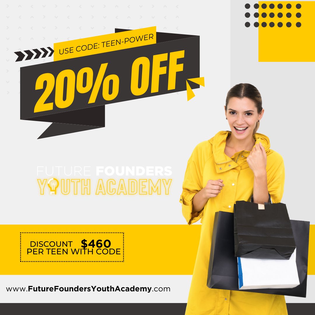 🌟 Flash Sale Alert at FFYA! 🌟 Unlock this weeks deal with 20% off enrollment. Use code TEEN-POWER to save. Act fast - your future founder's journey begins now! ✨ Enroll today: zurl.co/zo9F  #FutureFounders #Charleston #business #SummerCamp #B2B #Entrepreneurship