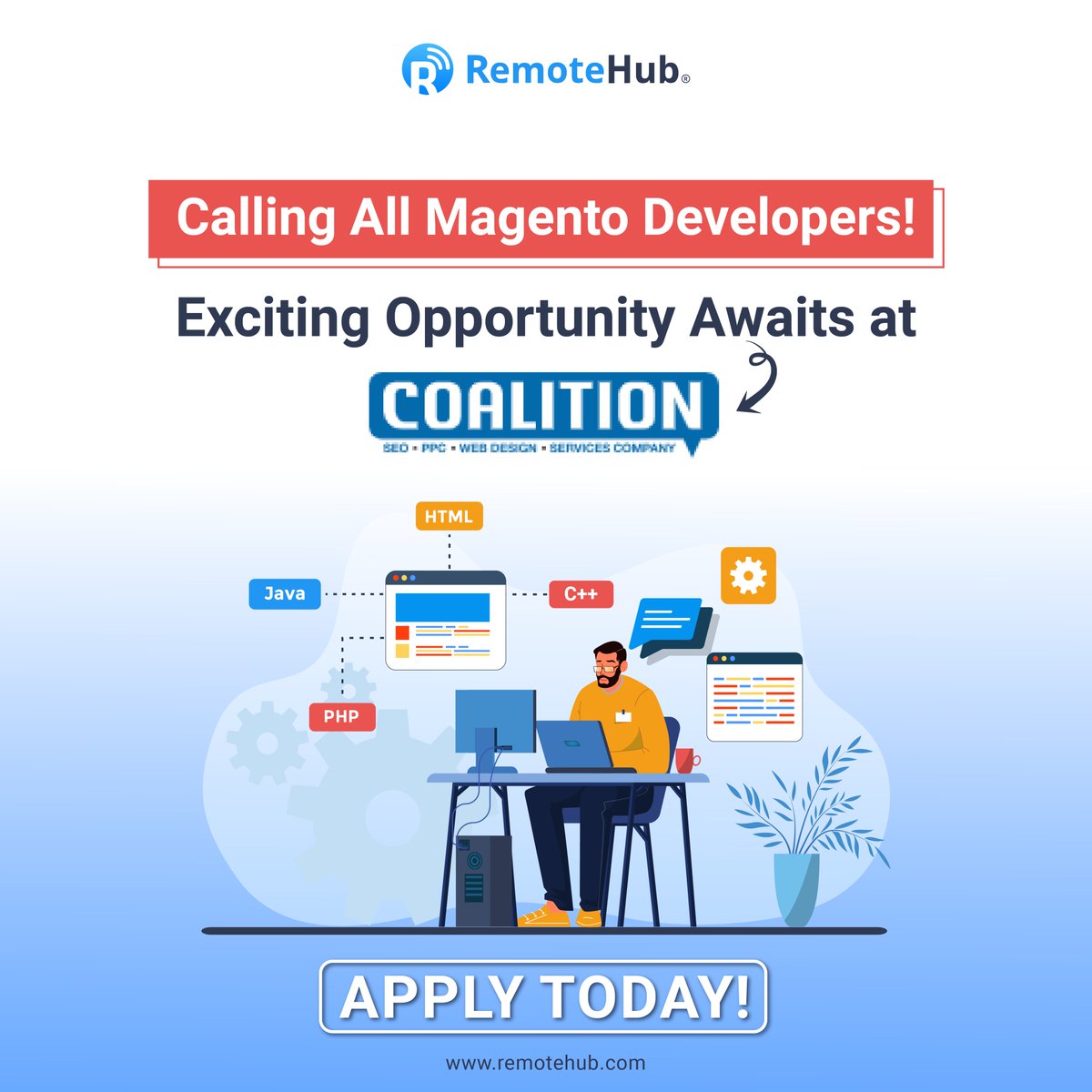 remotehub_com's tweet image. Are you a talented Magento Developer looking for a new challenge? Coalition Technologies is looking for someone like you to join their team!
Interested? Apply now: remotehub.com/jobs/details/m…
#MagentoDeveloper #PHP #MySQL #JavaScript #jQuery