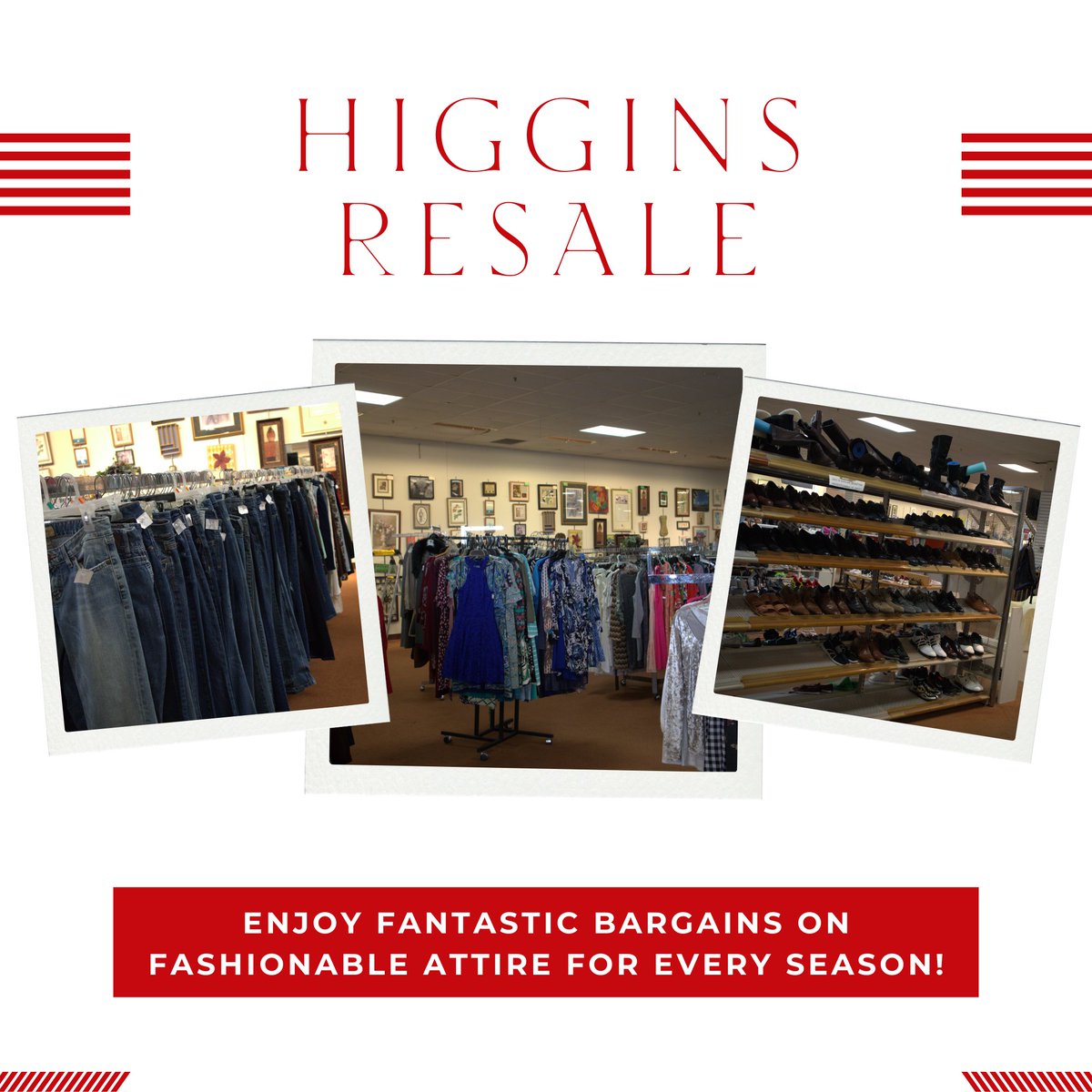 Discover unbeatable bargains and quality finds at Higgins Resale Shops! Explore our curated selection of fashionable attire, baby gear, kitchen essentials, and more. Shop with confidence knowing you're getting the best for less! 💻faithmission.us/higgins-branch/.