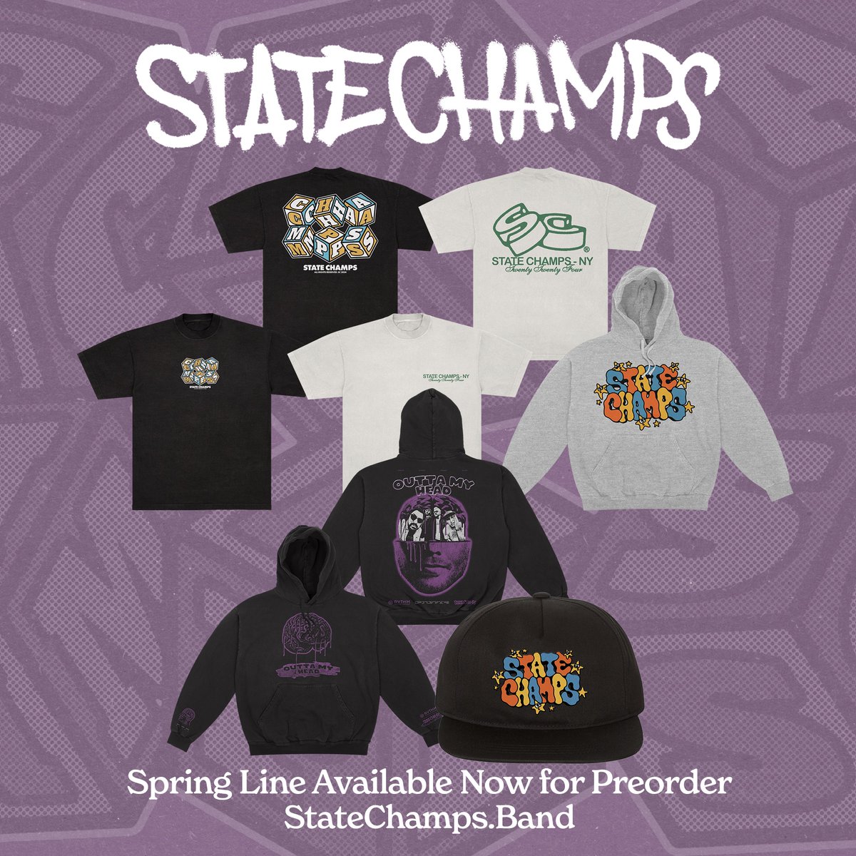 NEW MERCH is here, get your pre-orders in!! Head to our store to shop our new items, including a @rythm_official x State Champs 'Outta My Head' Hoodie in celebration of the launch of our new strain in Massachusetts and Illinois! statechamps.band/collections/all