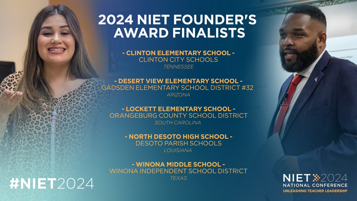 Today we will honor our five finalist schools for NIET's Founder's Award Ceremony at #NIET2024! The winner of $50,000 will be announced today! <a href="/ClintonCity_CCS/">Clinton City Schools</a> <a href="/GESD32/">Gadsden Elementary School District #32</a> <a href="/ocsdsc/">Orangeburg County School District</a> <a href="/NDHSGriffins/">North DeSoto High School</a> <a href="/DesotoParish/">DeSoto Parish Schools</a> <a href="/Winona_ISD/">Winona ISD</a> <a href="/TNedu/">TN Dept of Education</a> <a href="/azedschools/">Arizona Department of Education</a> <a href="/EducationSC/">S.C. Department of Education</a> @La_Believes <a href="/teainfo/">Texas Education Agency</a>