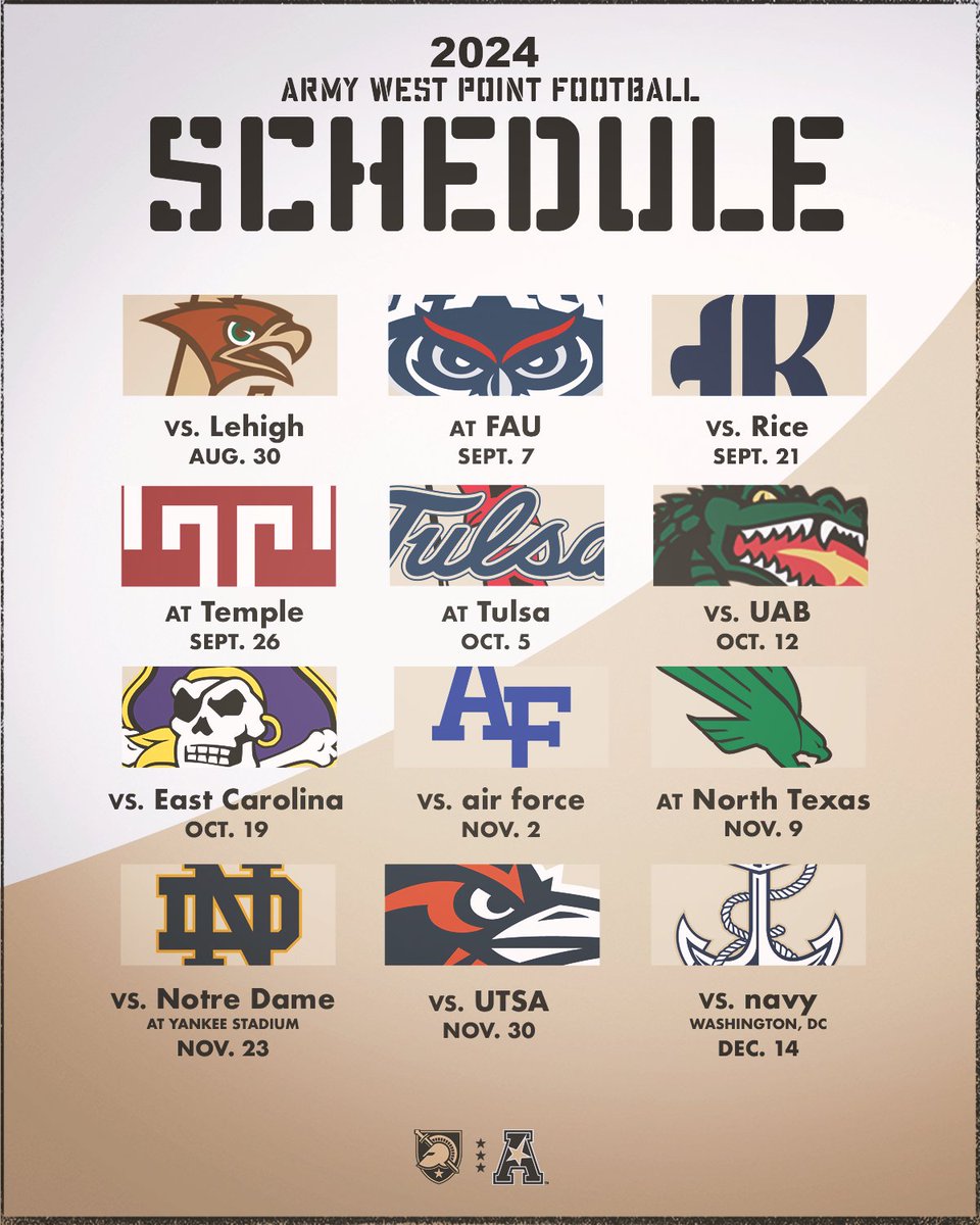 🚨 We know when we're playing in 2024! 🚨 

→ goarmywestpoint.com/2024FBSchedule

#GoArmy x #AmericanFB