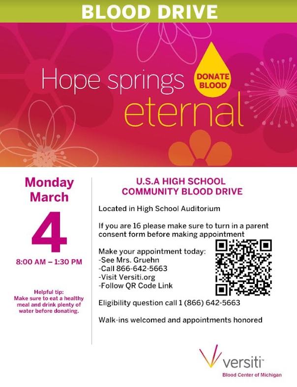 USA is having their next blood drive on Monday. Scan the QR code to schedule a time to donate.