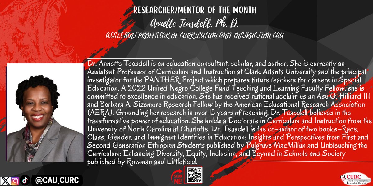 cau_curc's tweet image. Meet Dr. Teasdell CURC’s Mentor of the Month! We are thankful for all of the work that she has done and continues to do! #CURC #CAU #Research
