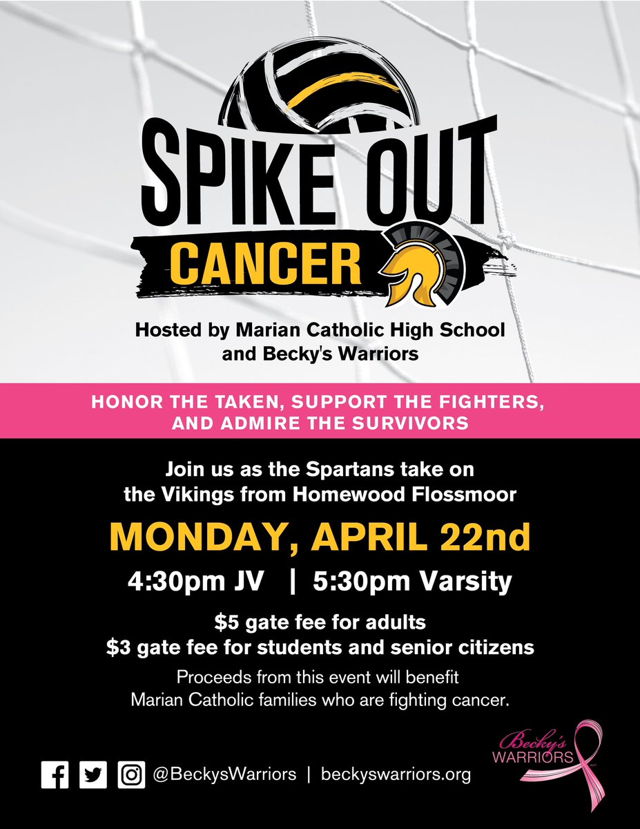 🏐 𝗦𝗣𝗜𝗞𝗘 𝗢𝗨𝗧 𝗖𝗔𝗡𝗖𝗘𝗥 🏐⁣ ⁣ Join us on April 22nd at @Marian_Catholic while we cheer on the Spartans! 🖤💛