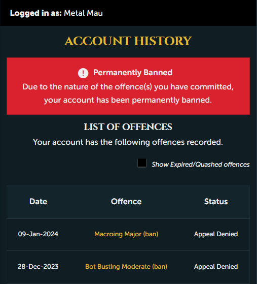 MetalMauOSRS's tweet photo. It's been nearly 2 months and I'm still trying to get any kind of explanation as to why my 9 year old account 'Metal Mau' received 2 macroing bans in under 2 weeks. I'm convinced the bans were applied erroneously. Please look into this @JagexTwisted https://t.co/buDEBMoFwW