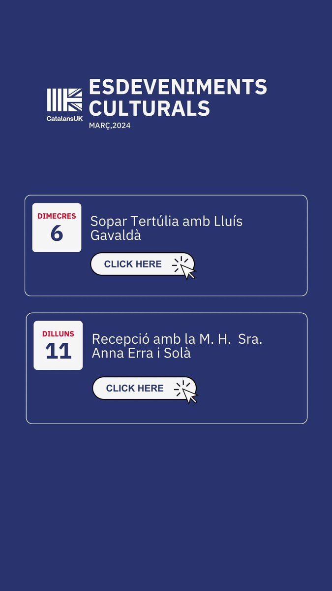 🎉 No et perdis els esdeveniments del mes de març! 🎉

📅 Sopar Tertúlia amb Lluís Gavaldà
eventbrite.com/e/sopar-tertul…

📅 Recepció amb la M. H. Sra. Anna Erra i Solà
eventbrite.com/e/845832225957…

Places limitades!