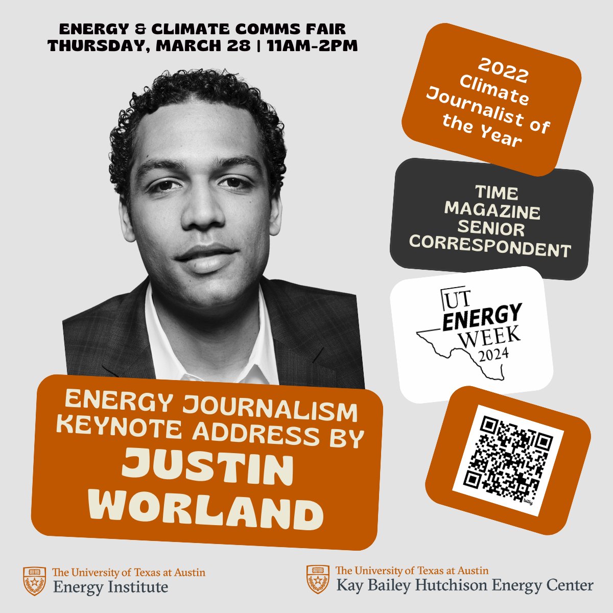UT Energy Institute (@energyut) on Twitter photo On Thursday, March 28, renowned climate journalist <a href="/JustinWorland/">Justin Worland</a> will be joining this year's UT Energy Week. The Senior Correspondent at TIME will be kicking off the Climate and Energy Communications Fair at 11:15 AM.
Register now for Energy Week: sites.utexas.edu/energy-week/re⦠On Thursday, March 28, renowned climate journalist <a href="/JustinWorland/">Justin Worland</a> will be joining this year's UT Energy Week. The Senior Correspondent at TIME will be kicking off the Climate and Energy Communications Fair at 11:15 AM.
Register now for Energy Week: sites.utexas.edu/energy-week/reā¦