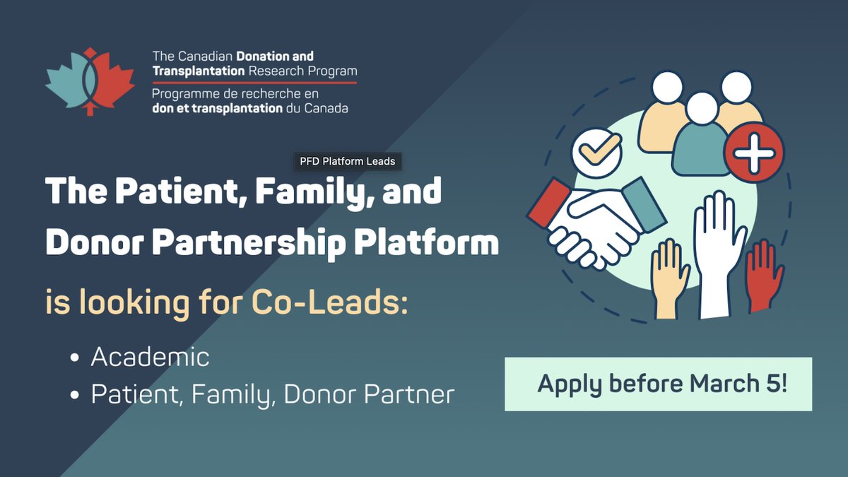 We are excited to share this opportunity to help steer the mission, vision, and values of the CDTRP’s Patient, Family and Donor (PFD) Partnerships Platform. Apply today! cdtrp.ca/en/platforms/p…