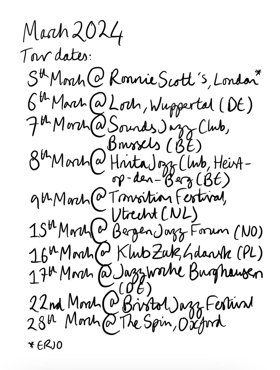 March tour loading - see you in 🇬🇧 🇩🇪 🇧🇪 🇳🇱 🇳🇴 🇵🇱 this month!!

delighted to be playing with both my jazz orchestra and quartet/quintet this month, can’t wait to see you  at one of these gigs!