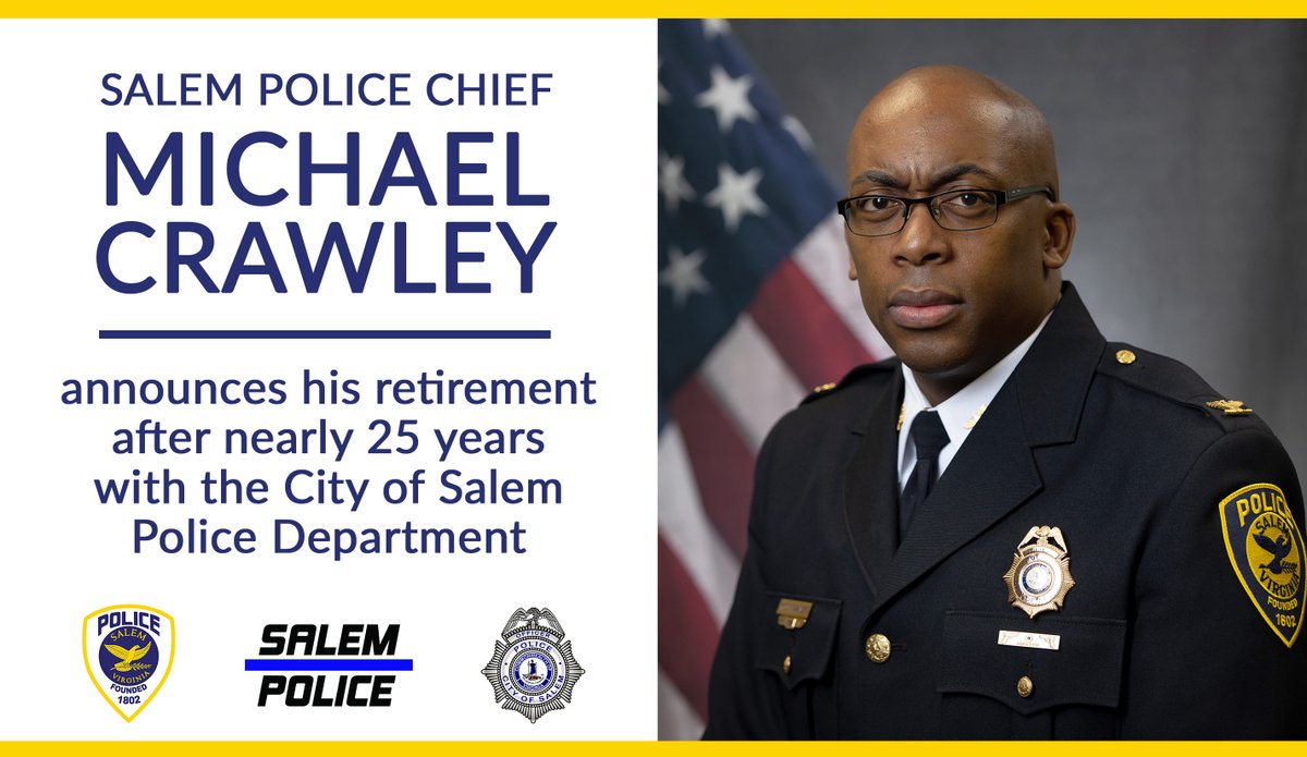 The City of #SalemVA has announced the retirement plans for Police Chief Michael Crawley. He has served the force and the city for nearly 25 years. Here's the full story. salemva.gov/CivicAlerts.as… #SampleSalem