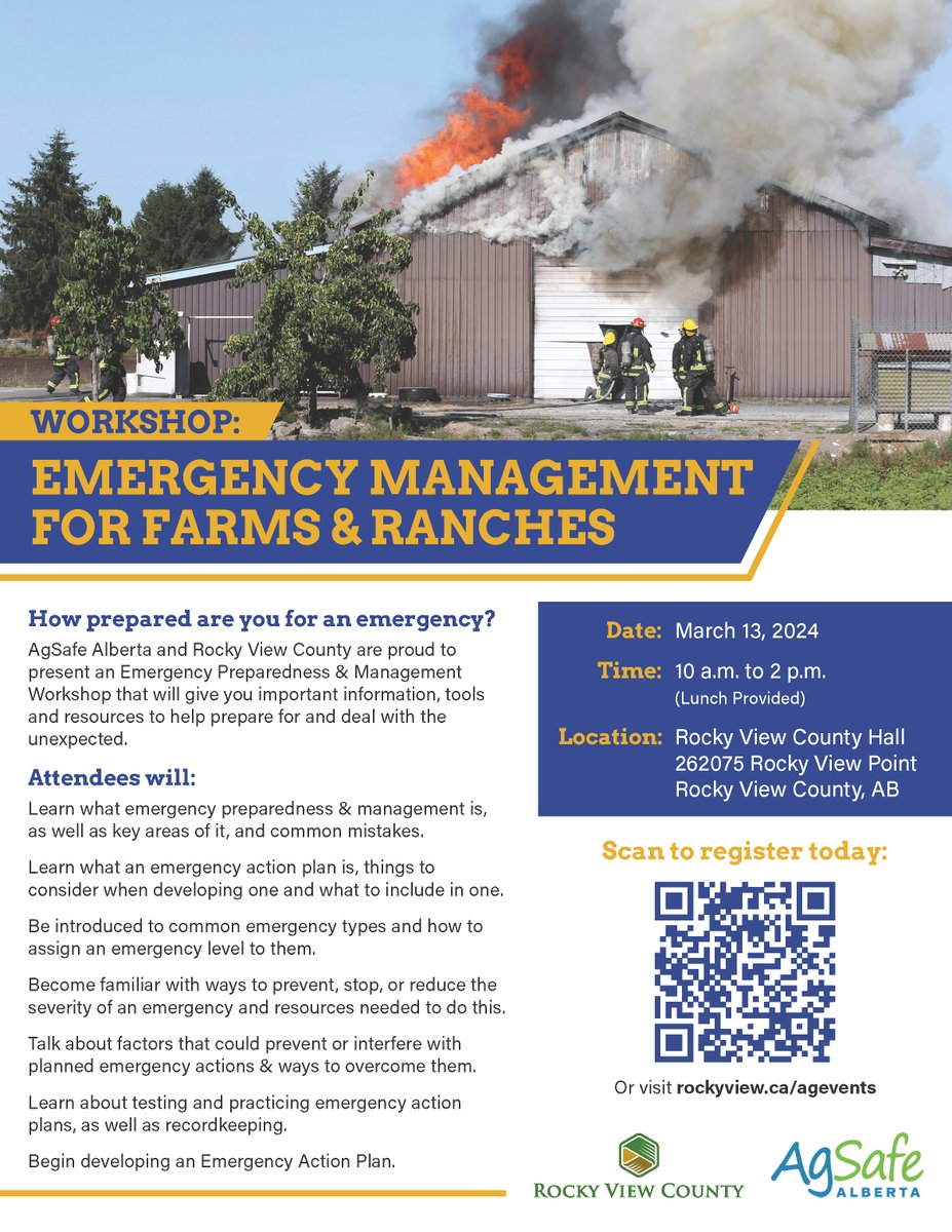 Join @RockyViewCounty and @AgSafeAlberta for a Emergency Management for Farm & Ranches Workshop at the Rocky View County Hall on March 13, 2024! For registration visit: rockyview.ca/agricultural-e…