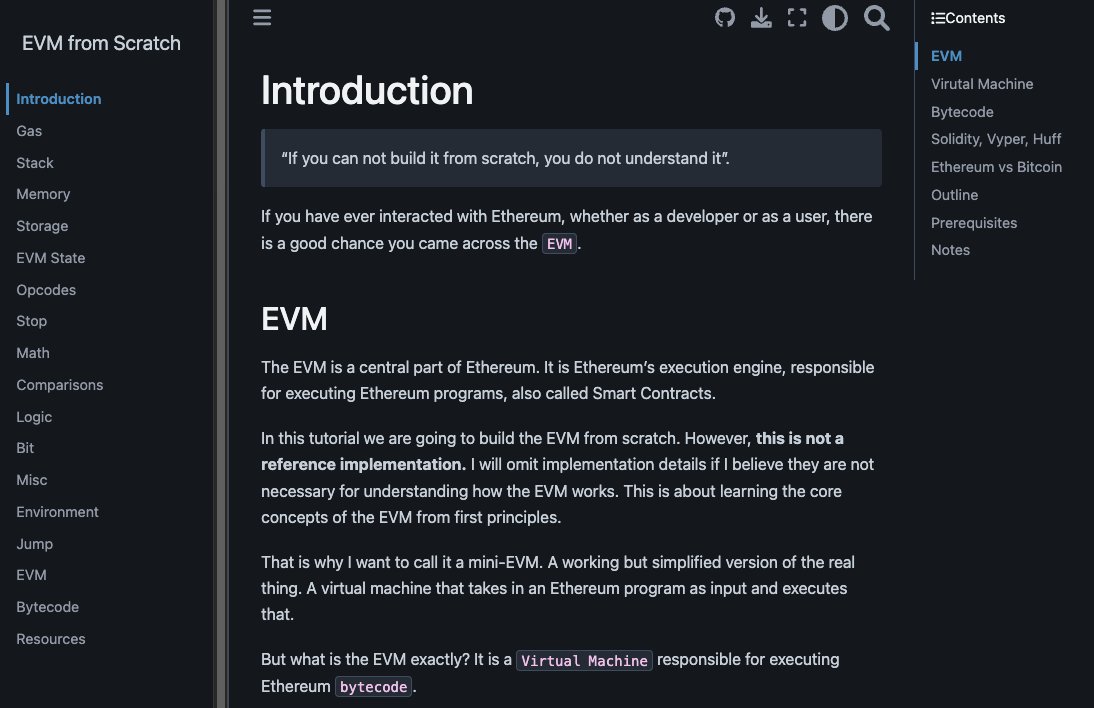 Happy to announce the 'EVM from scratch' book. Still a work in progress but I want to write it in public. It is open-source so feel free to create an Issue or Pull Request. evm-from-scratch.xyz