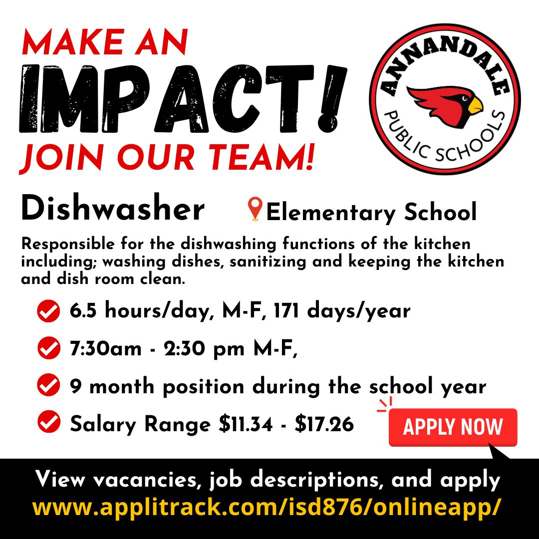 APPLY TODAY! applitrack.com/isd876/onlinea…
We are looking for someone to join our elementary team - specifically our kitchen staff, as a dishwasher. 
✔️6.5 hours/day, M-F, 171 days/year
✔️Shifts: 7:30am - 2:30 pm M-F
✔️ 9 month position during the school year
✔️ Salary $11.34 - $17.26