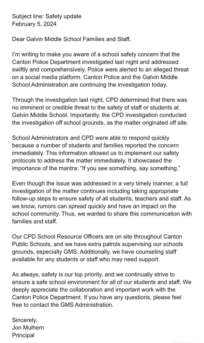 3 weeks ago, a #cantonma middle schooler posted a threat on TikTok that they were going to shoot up the school. After other children notified their parents about it, the Galvin Middle School sent out a vague “safety notice” to parents with children in the middle school basically