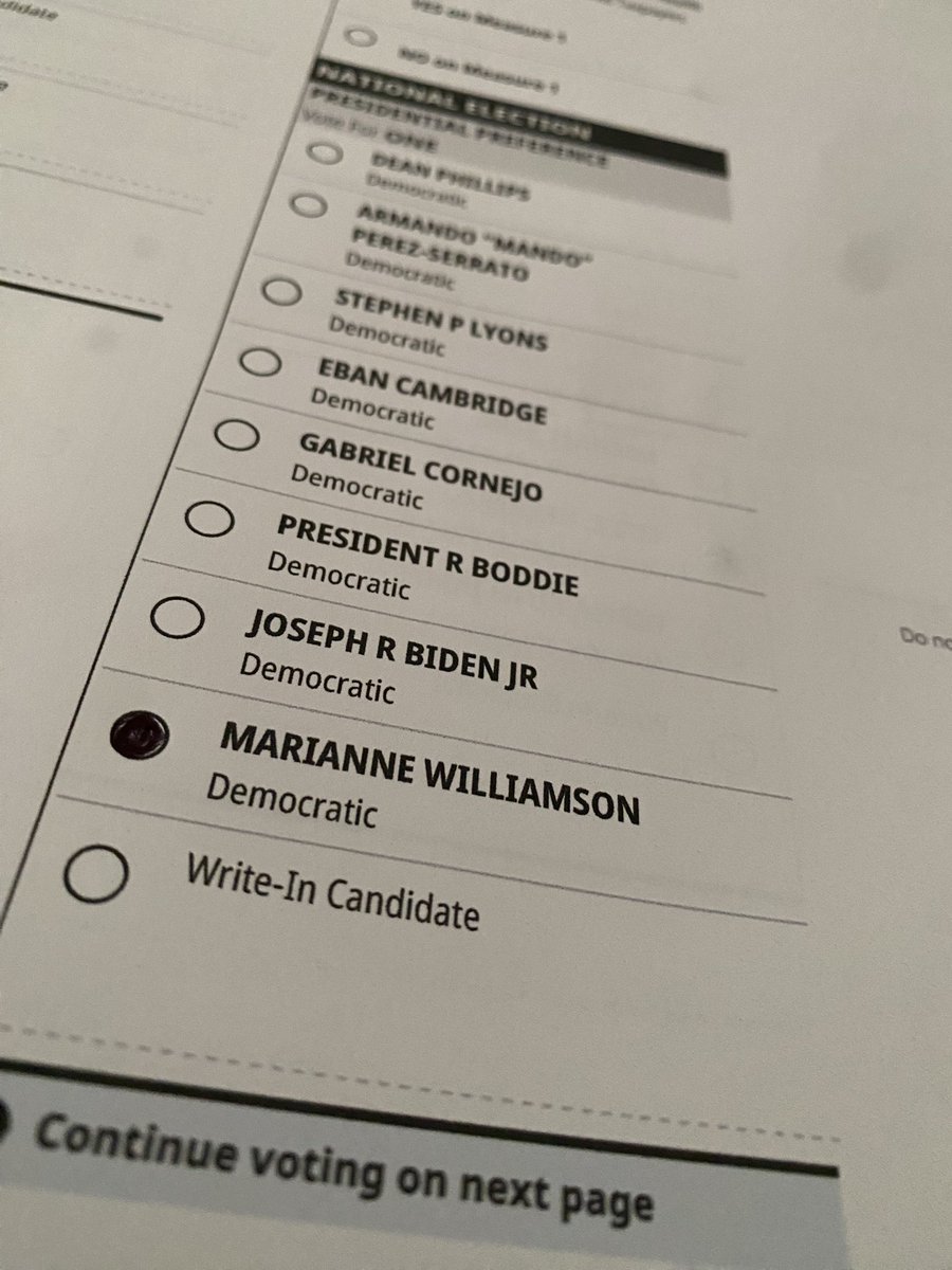 Marked my Primary ballot for Marianne Williamson today! I imagine her as POTUS & it makes me so happy! We can have nice things! Healthcare, $1200/mo UBI to rebuild the working class, GreenNewDeal, Economic Bill of Rights & Ceasefire NOW! #PolicyMatters