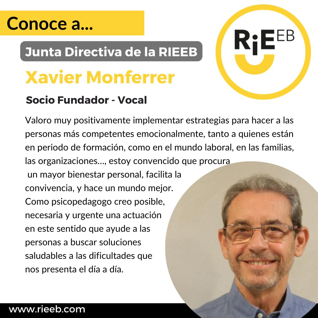 Desde la RIEEB queremos dar a conocer a los integrantes de nuestro equipo. 
Conoce a Xavier Monferrer, Vocal de la RIEEB 
💫Os invitamos a formar parte de esta comunidad y hacerse socios/as de la RIEEB.

 #educacionemocional #bienestar #rieeb #saludmental #equiporieeb