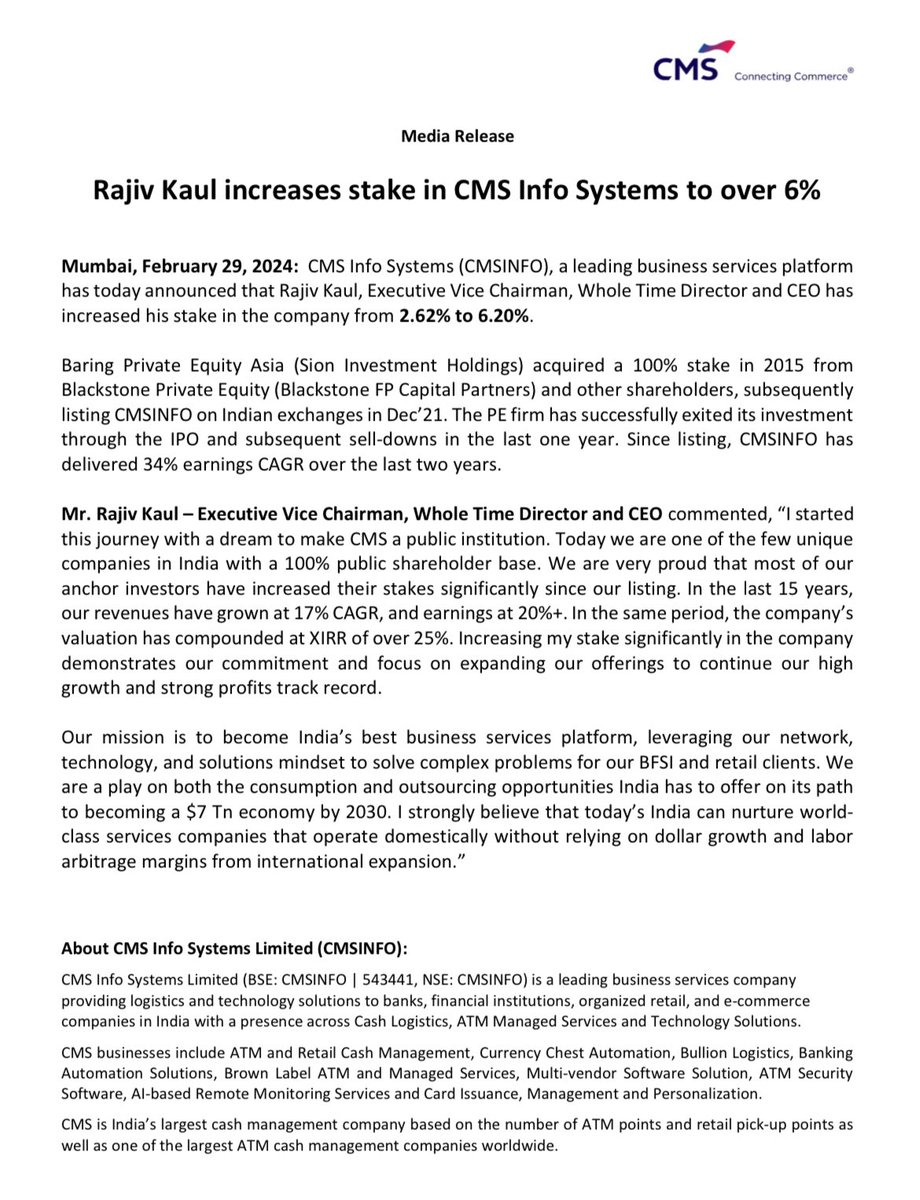 CMS info - Rajiv Kaul increases stake in CMS Info Systems to over 6% ✅

#cms #sabarisecurities