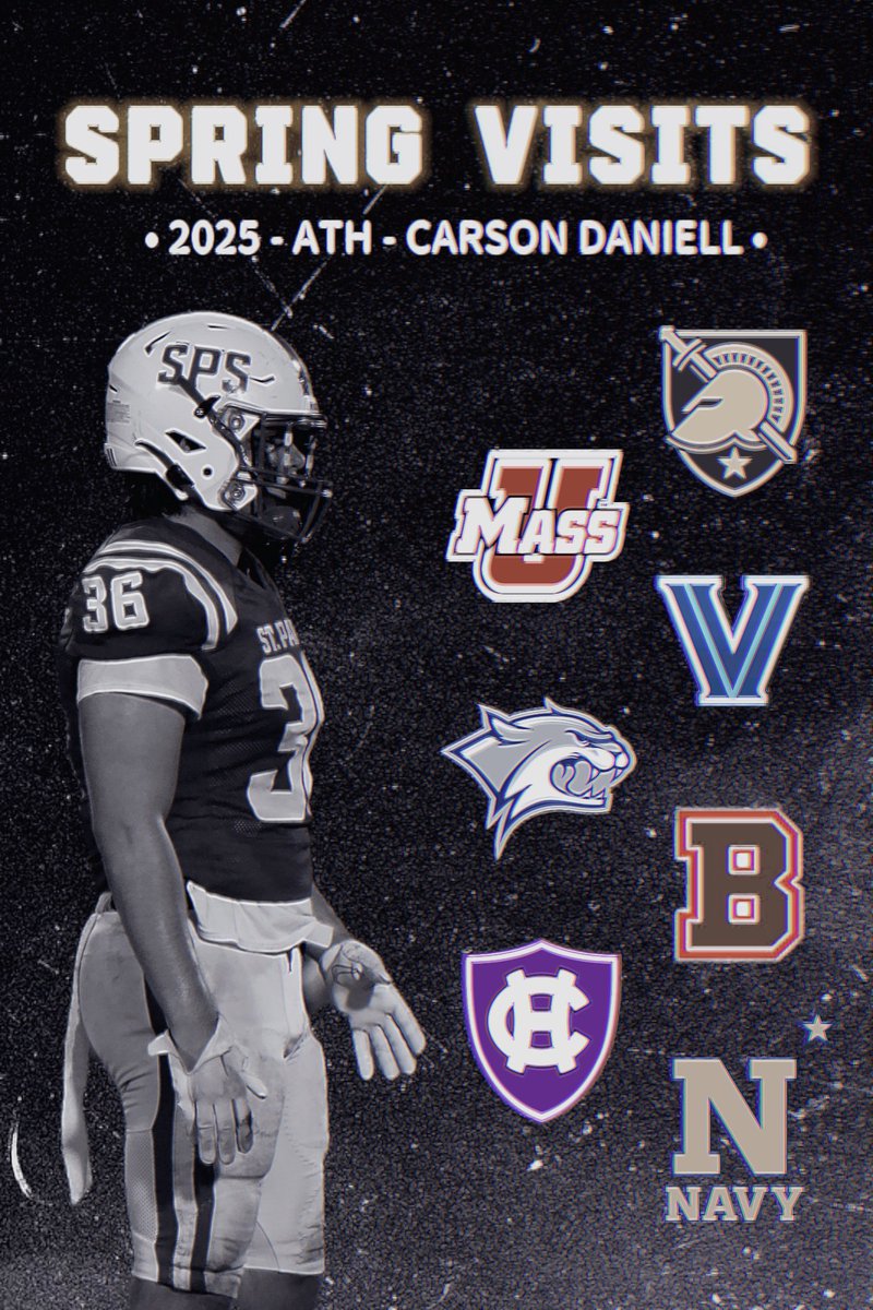 Carson Qin Daniell (@carsondaniell36) on Twitter photo Thank you to all of the coaches who extended invitations! <a href="/SPSFootballNH/">SPS Football</a>
3/12 - Villanova <a href="/NovaFootball/">Villanova Football</a>
3/16 - Army <a href="/ArmyWP_Football/">Army Football</a>
4/6 - Navy <a href="/NavyFB/">Navy Football</a>
4/13 - UNH <a href="/UNH_Football/">New Hampshire Football</a>
4/20 - Brown <a href="/BrownU_Football/">Brown Bears Football</a>
TBD - Holy Cross <a href="/HCrossFB/">Holy Cross Football</a>
TBD - UMass <a href="/UMassFootball/">UMass Football</a> Thank you to all of the coaches who extended invitations! <a href="/SPSFootballNH/">SPS Football</a>
3/12 - Villanova <a href="/NovaFootball/">Villanova Football</a>
3/16 - Army <a href="/ArmyWP_Football/">Army Football</a>
4/6 - Navy <a href="/NavyFB/">Navy Football</a>
4/13 - UNH <a href="/UNH_Football/">New Hampshire Football</a>
4/20 - Brown <a href="/BrownU_Football/">Brown Bears Football</a>
TBD - Holy Cross <a href="/HCrossFB/">Holy Cross Football</a>
TBD - UMass <a href="/UMassFootball/">UMass Football</a>