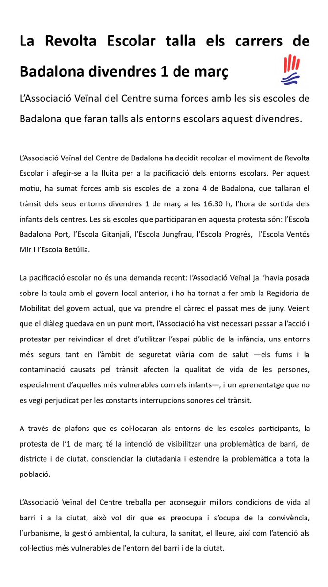 Demà Revolta Escolar, les AFAs de les escoles de la zona 4 i l'Associació Veïnal del Centre prendrem acció per a la pacificació escolar! 💪