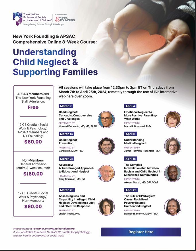 Join the 8-Week Course on Understanding Child Neglect & Supporting Families!
Begins March 7th!
Register Here ⬇️
buff.ly/3Tj8jZS

#APSAC #TheNYFoundling #StrengtheningPracticeThroughKnowledge