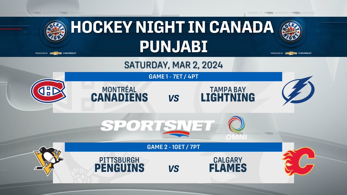Hockey Night in Canada: Punjabi (@hkynightpunjabi) on Twitter photo 🏒 This Saturday on #HockeyNightPunjabi! 📺
Atlantic Division rivals clash as the <a href="/CanadiensMTL/">Canadiens Montréal</a> take on the <a href="/TBLightning/">Tampa Bay Lightning</a>, followed by Crosby and the <a href="/penguins/">Pittsburgh Penguins</a> facing off against the <a href="/NHLFlames/">Calgary Flames</a> in Calgary! 🔥
Watch on <a href="/OMNITelevision/">OMNI Television</a>, <a href="/Sportsnet/">Sportsnet</a> +, or at omnitv.ca/hockey! 🏒 This Saturday on #HockeyNightPunjabi! 📺
Atlantic Division rivals clash as the <a href="/CanadiensMTL/">Canadiens Montréal</a> take on the <a href="/TBLightning/">Tampa Bay Lightning</a>, followed by Crosby and the <a href="/penguins/">Pittsburgh Penguins</a> facing off against the <a href="/NHLFlames/">Calgary Flames</a> in Calgary! 🔥
Watch on <a href="/OMNITelevision/">OMNI Television</a>, <a href="/Sportsnet/">Sportsnet</a> +, or at omnitv.ca/hockey!