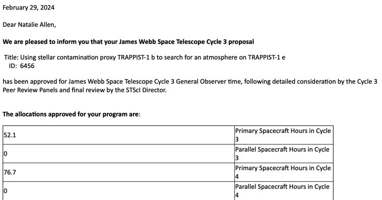 astronatalie_'s tweet photo. could not be more excited that @nespinozap and I’s proposal was accepted for JWST cycle 3!! 130 hours over the next 2 cycles to try to find an atmosphere on TRAPPIST-1 e, using TRAPPIST-1 b as a model independent stellar contamination proxy https://t.co/goMxUE0XM3
