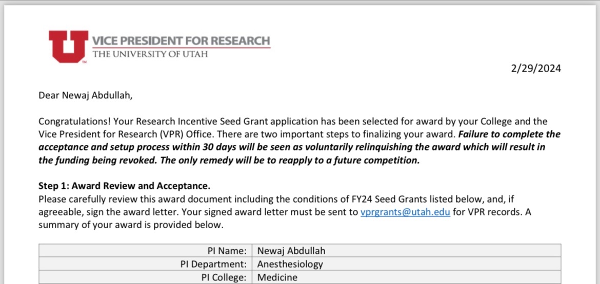 I am grateful to the Office of VPR for considering my grant. I am also grateful for my colleagues from Pain Medicine, Psychiatry, Neurosurgery and Oncology for their support. @UofUtahPain @UofU_Anes_Chair @rshervin @ShaneBrogan9 @UofU_Anesthesia @uofu_hmhi @UofUNeurosurg