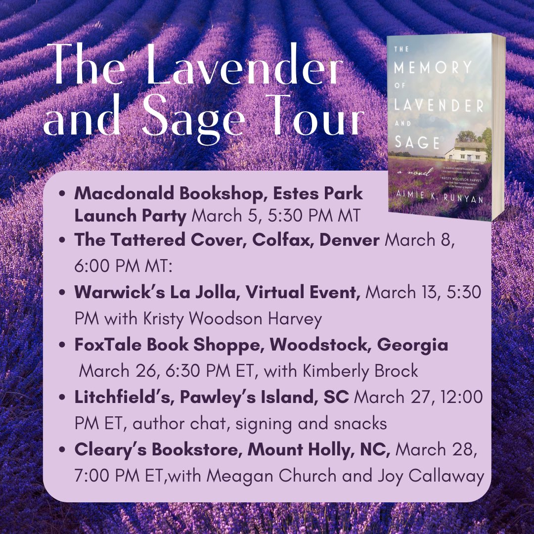 Friends! Don’t miss the chance to see me on the road for The Memory of Lavender and Sage! Hope to see all of you at a bookstore near you soon! #BookTour #writingcommunity #authorsofinstagram #Provence #herbesdeprovence #lavender #Sage @harpermusebooks @TallPoppyWriter