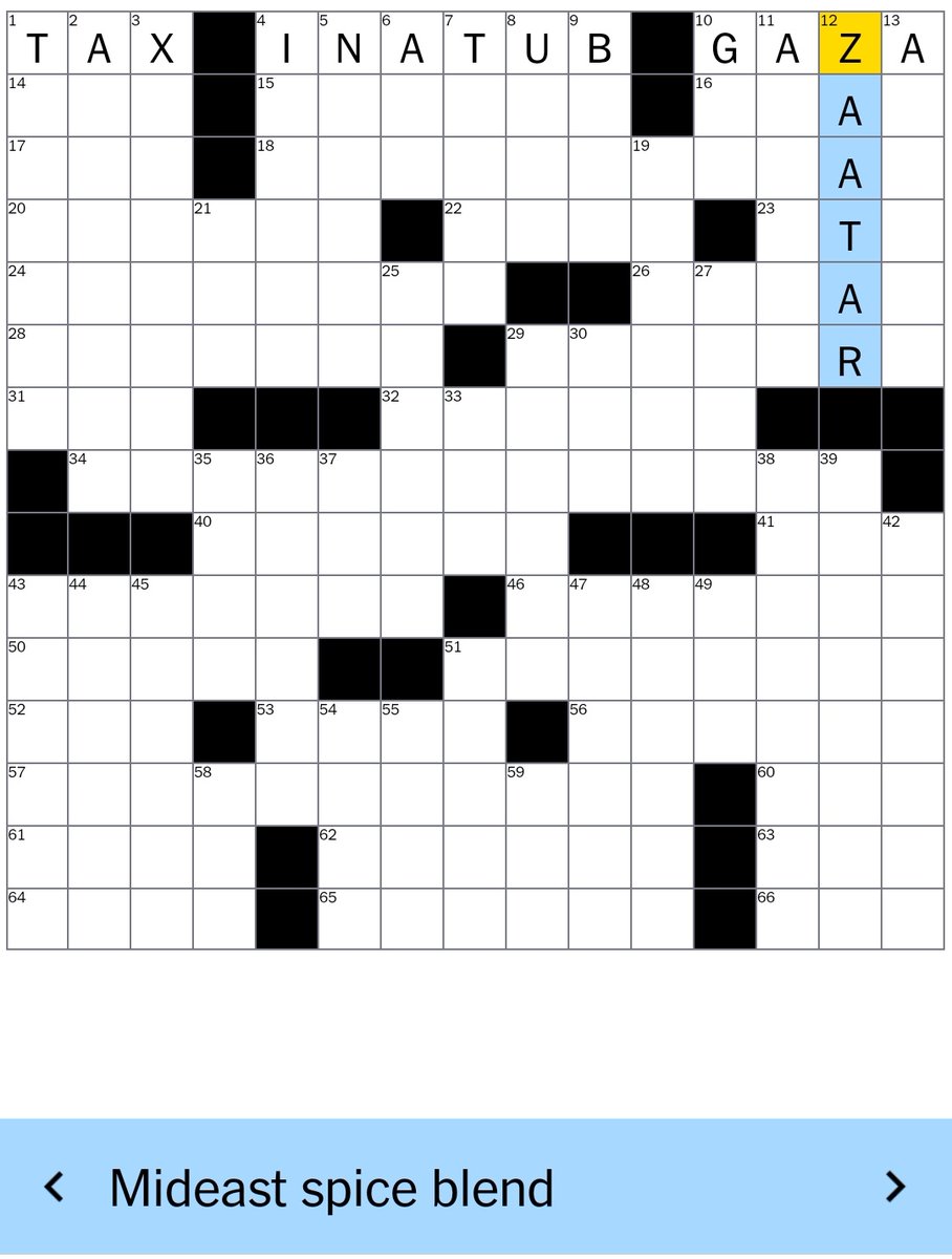 While Gaza starves, NY times saw fit to have these intersecting crossword clues today (10a and 12d). The clue for 10 across was 'mideast site of conflict'